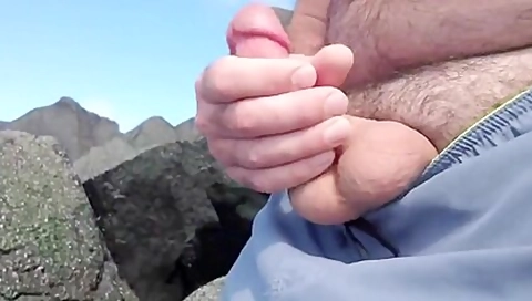 Jerking Off On Public Beach-big Cum Shot-hairy Bear